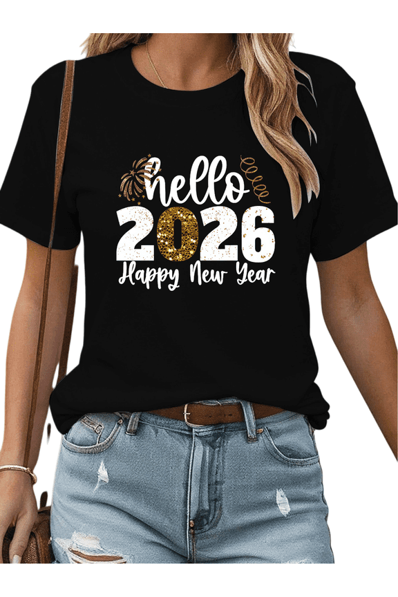 Women's Sparkle T-Shirt - 2026 Glitter Zero Graphic Tee - Elegant New Year Party Short Sleeve Tops, Festival Outfits
