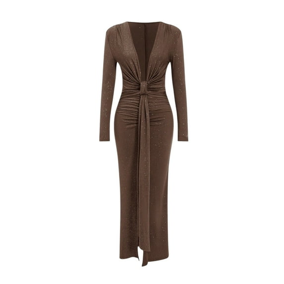 Women’s Sparkling Evening Maxi Dress Deep V-Neck Long Sleeve High Slit Cocktail Party Gown