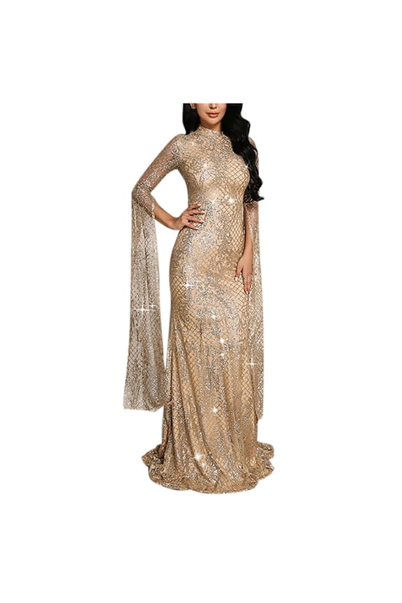 Women's Sparkling Gold Formal Dress Elegant Long Skirt Slim Fit Evening Gown for