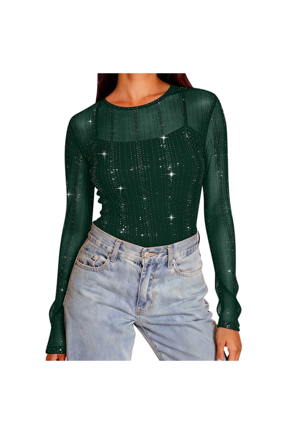 Women's Sparkling Mesh Pullover Top Solid Color Long Sleeve Crewneck Elegant See Through Party Wear Sexy Going Out Blouse Glitter Foil Detail Cocktail Chic