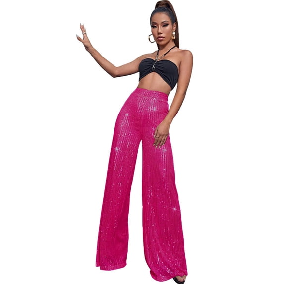 Women's Sparkling Metallic Trousers Glittering Sequins Wide Leg Flared Pants for Night Out Dance and Carnivals Costumes