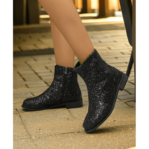 Women's Sparkling Rhinestone Booties with Chunky Low Block Heel and Round Toe