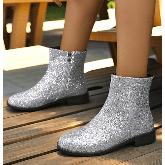 Women's Sparkling Rhinestone Booties with Chunky Low Block Heel and Round Toe