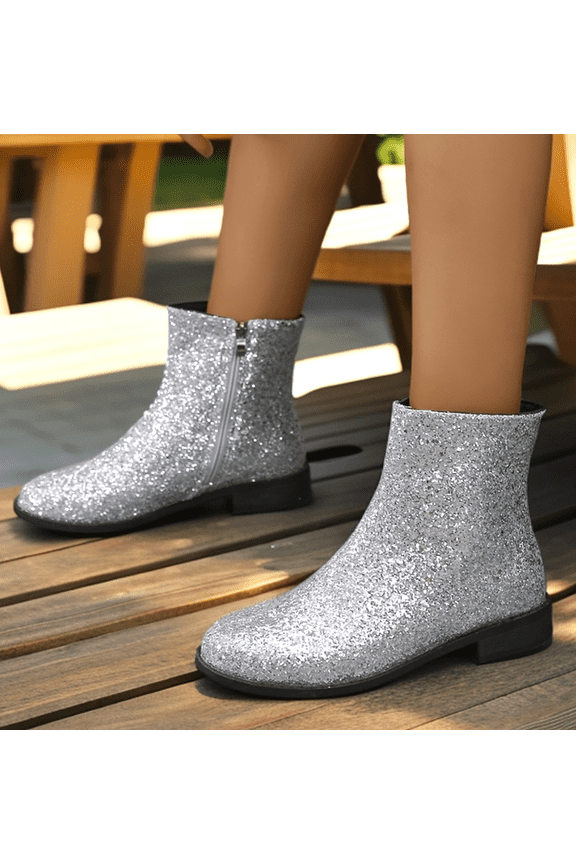Women's Sparkling Rhinestone Booties with Chunky Low Block Heel and Round Toe