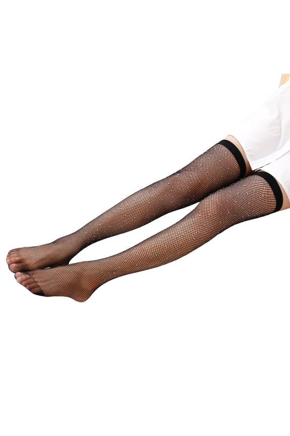 Women's Sparkling Rhinestones Studded Over Knee Socks Hollowed Out Mesh Long Stockings Lingerie for Party Wear