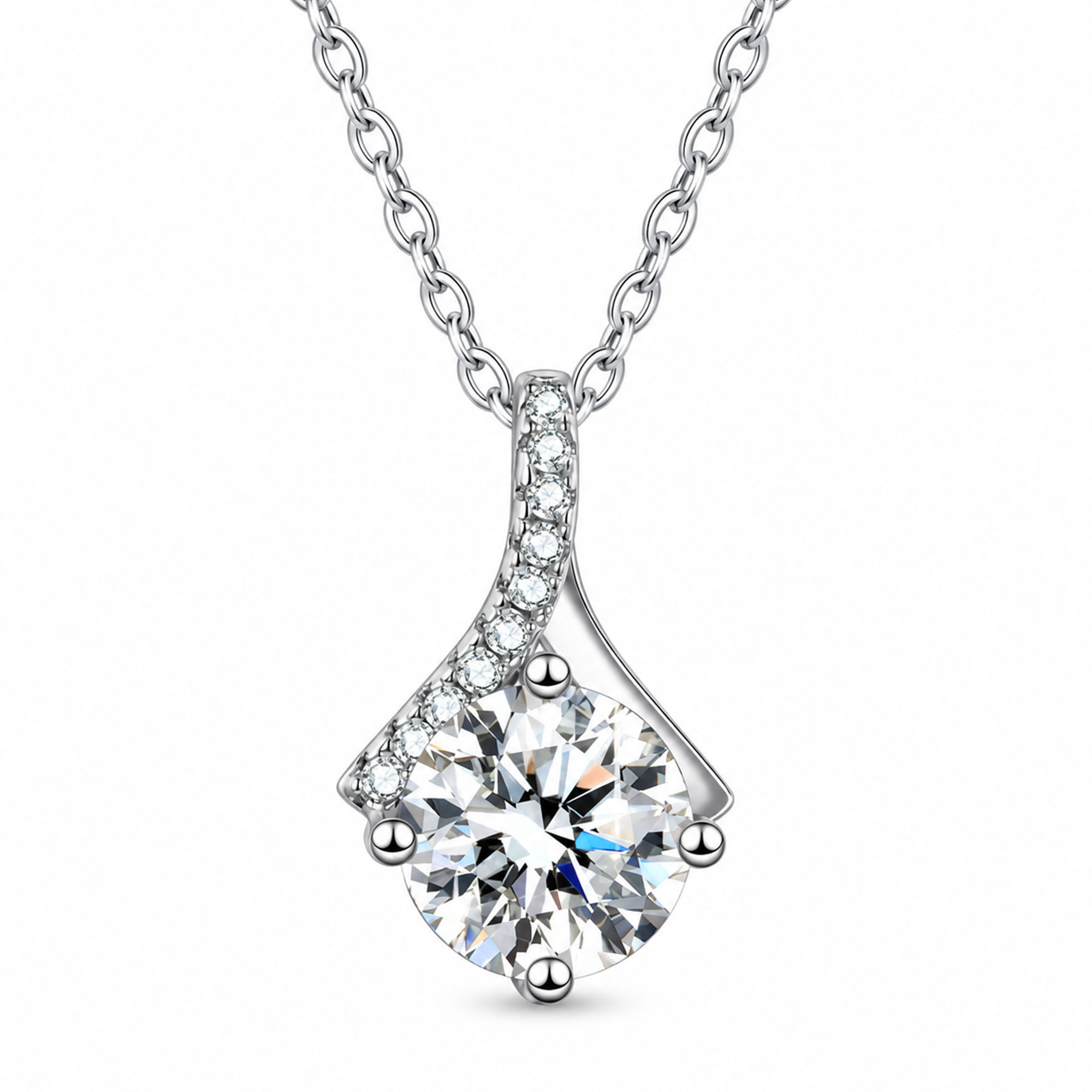 Women's Sparkling Round-Cut Pendant Necklace, White Copper Silver-Tone Clear Stone Necklace, Fashion Commuter Necklace for Women