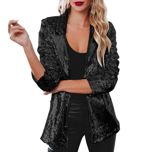 Women's Sparkling Sequin Jacket Long Sleeve Shiny Lapel Coat for Party and Evening Outerwear