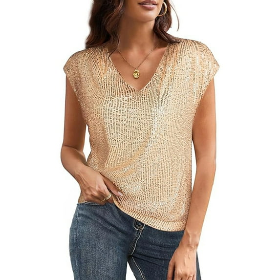 Women's Sparkling Sequins Loose Fit T-Shirt Short Caps Sleeve Glittering Blouses V Neck Cocktail Club Party Tanks Top