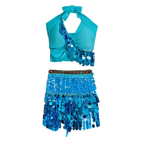 Women's Sparkly 2Pcs Belly Dance Outfits Sequin Tassel Bra Crop Top with Fringe Hip Scarf Sets Sexy Latin Dress