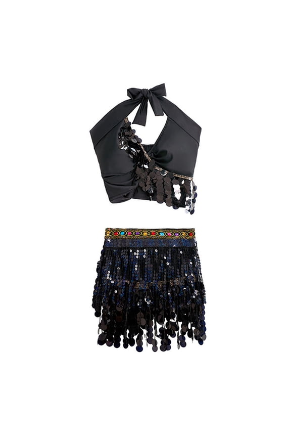Women's Sparkly 2Pcs Belly Dance Outfits Sequin Tassel Bra Crop Top with Fringe Hip Scarf Sets Sexy Latin Dress