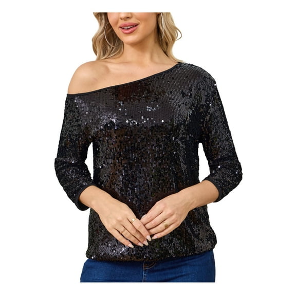 Women's Sparkly All-Over Sequined Off-the-Shoulder Short Sleeve Blouse - Colorful Glittery Top for Cocktail, Night Out, Party & Costume Occasions