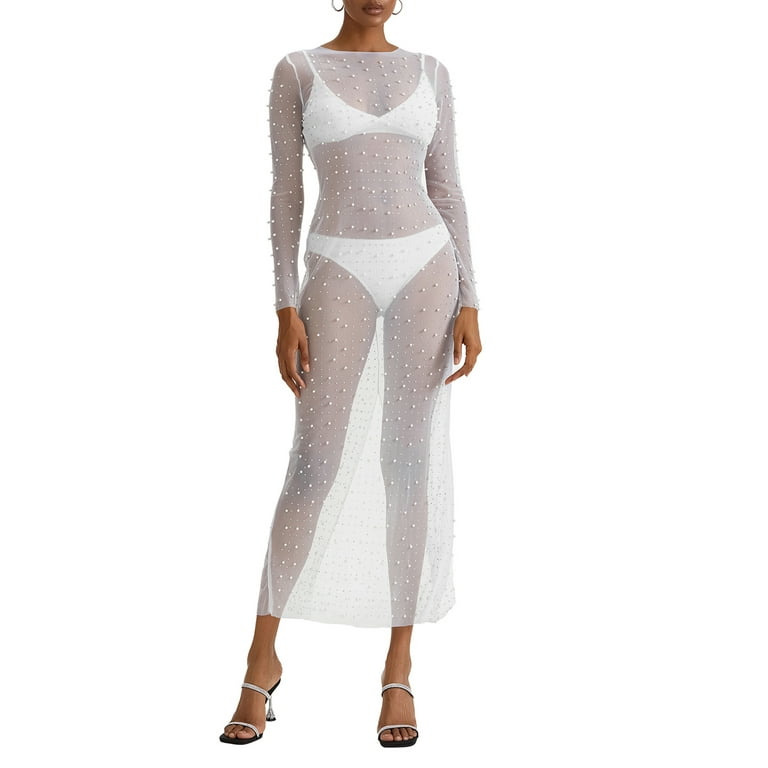 Women's Sparkly Beaded Bathing Suit Coverups Sheer Mesh Pearl