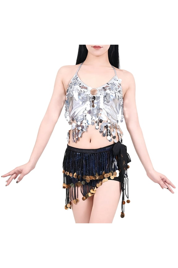 Women's Sparkly Belly Dance Sets Sequin Tassel Bra Crop Top with Fringe Hip Scarf for Carnival Party Clubwear