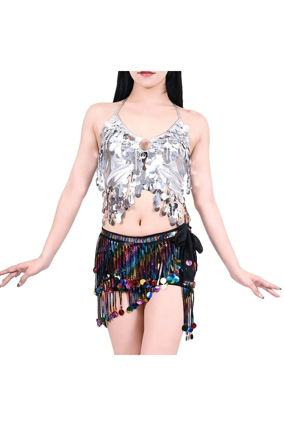 Women's Sparkly Belly Dance Sets Sequin Tassel Bra Crop Top with Fringe Hip Scarf for Carnival Party Clubwear