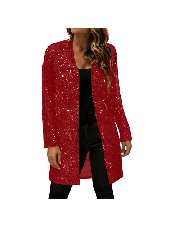 Women’s Sparkly Blazer Jacket, Open Front Sequin Cardigan Coat, Long Sleeve Glitter Dressy Casual Outerwear for Party, Evening, Holiday