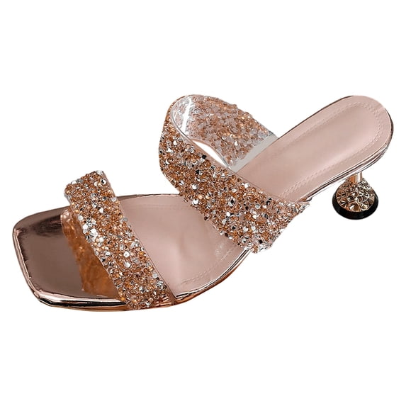 Women’s Sparkly Dressy Sandals Open Square Toe Rhinestone Heeled Mule Lightweight Kitten Heel Wedding Party Shoes Gold Size 7
