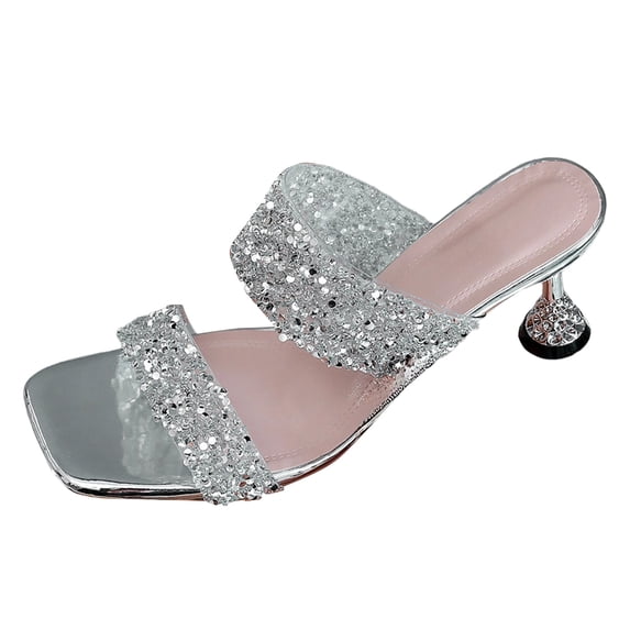 Women’s Sparkly Dressy Sandals Open Square Toe Rhinestone Heeled Mule Lightweight Kitten Heel Wedding Party Shoes Silver Size 6.5