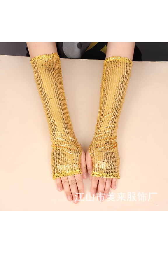 Women's Sparkly Fishnet Gloves, Long Mesh Arm Sleeve with Glitter for Evening Party, Opera Style Gloves for Wedding and Masquerade, Elegant Tulle Glove - Gold