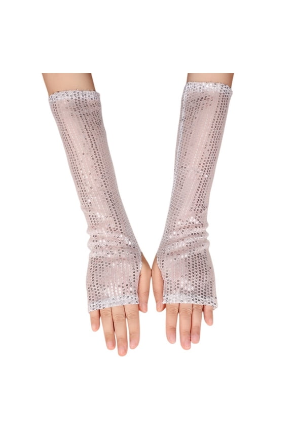 Women's Sparkly Fishnet Gloves, Long Mesh Arm Sleeve with Glitter for Evening Party, Opera Style Gloves for Wedding and Masquerade, Elegant Tulle Glove - White