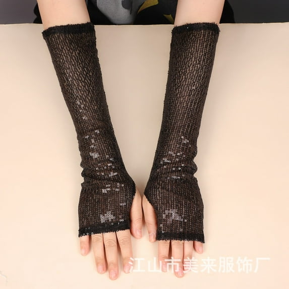 Women's Sparkly Fishnet Gloves, Long Mesh Arm Sleeve Open Finger Gloves for Halloween Party Wedding, Evening Glam Gloves and Masquerade Accessory - Black
