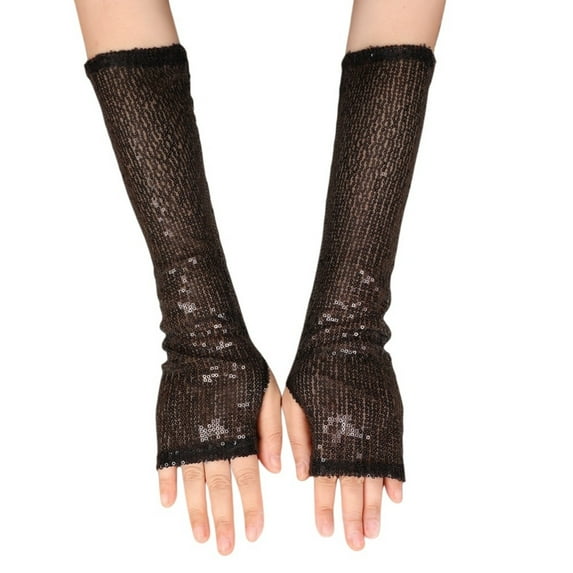 Women's Sparkly Fishnet Gloves, Long Mesh Arm Sleeve Open Finger Gloves for Halloween Party Wedding, Evening Glam Gloves and Masquerade Accessory - Black