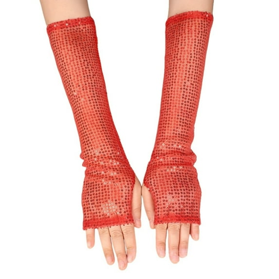 Women's Sparkly Fishnet Gloves, Long Mesh Arm Sleeve Open Finger Gloves for Halloween Party Wedding, Evening Glam Gloves and Masquerade Accessory - Red