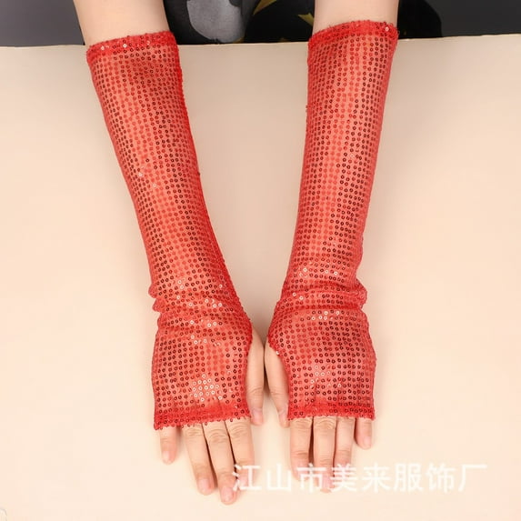 Women's Sparkly Fishnet Gloves, Long Mesh Arm Sleeve Open Finger Gloves for Halloween Party Wedding, Evening Glam Gloves and Masquerade Accessory - Red
