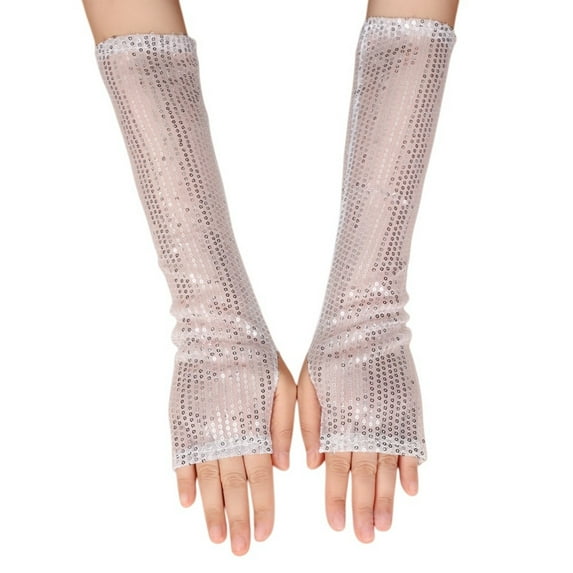 Women's Sparkly Fishnet Gloves, Long Mesh Arm Sleeve Open Finger Gloves for Halloween Party Wedding, Evening Glam Gloves and Masquerade Accessory - White