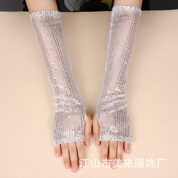 Women's Sparkly Fishnet Gloves, Long Mesh Arm Sleeve Open Finger Gloves for Halloween Party Wedding, Evening Glam Gloves and Masquerade Accessory - White