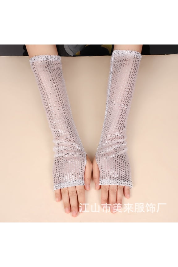 Women's Sparkly Fishnet Gloves, Long Mesh Arm Sleeve Open Finger Gloves for Halloween Party Wedding, Evening Glam Gloves and Masquerade Accessory - White