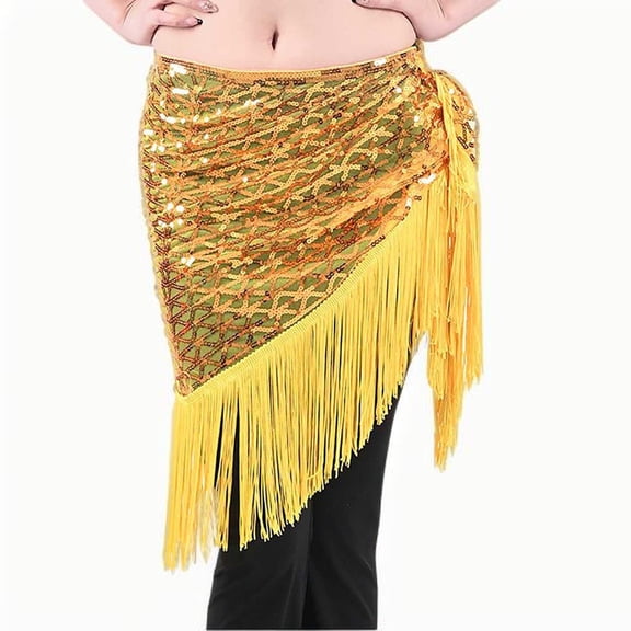 Women's Sparkly Fringed Wrap Skirt, Tie Side Sequins Tassel Hip Scarf Waist Towel for Belly Dance Festival Rave Party