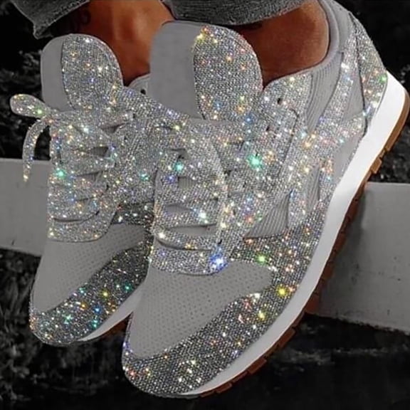 Women's Sparkly Glitter Casual Tennis Sneakers -Lace Up Breathable Bling Crystal Comfort Bling Walking & Running Fashion Shoes