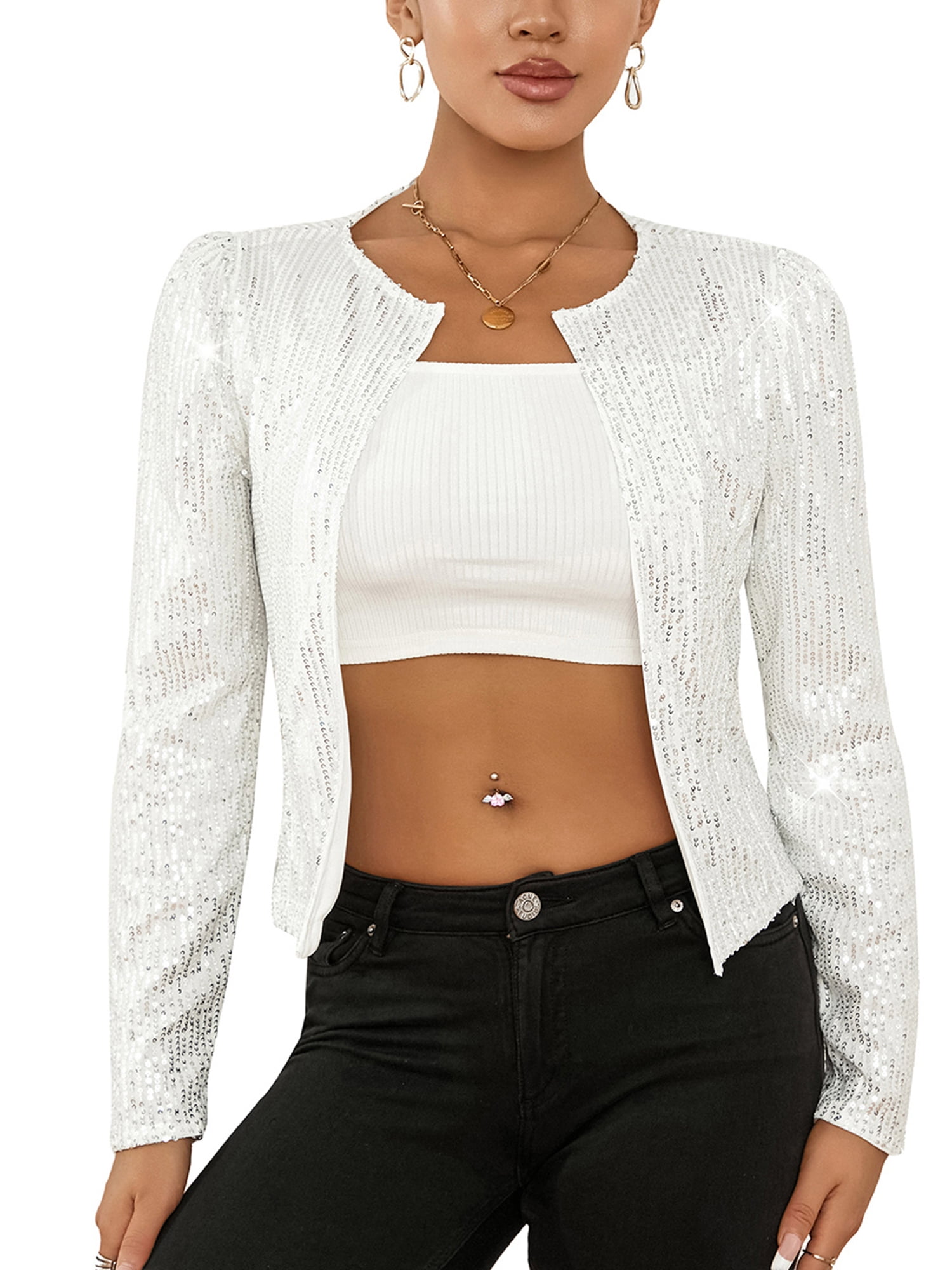 Women's Sparkly Glitter Jacket Long Sleeve Open Front Sequin Blazer Coat Club Party Cardigan for