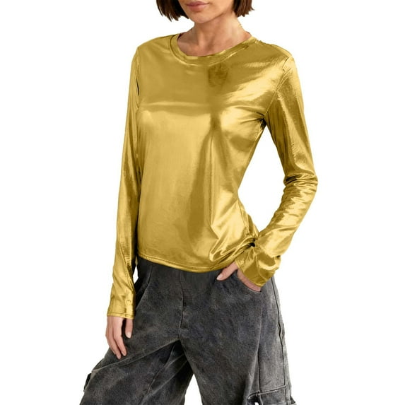 Women's Sparkly Glitter Tops Long Sleeve Shiny Shirt Metallic 80s Disco Music Festival Party Club Concert Outfit