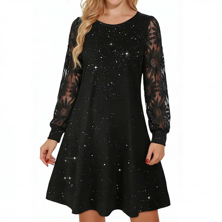 short black sparkly prom dress Women's Mesh Long Sleeve Party Dresses Square Neck Flowy Mini High cover w13 US