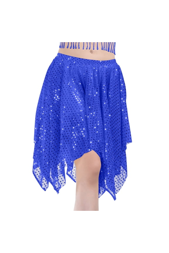 Women's Sparkly Mini Skirt High Waist Elastic Asymmetrical Handkerchief Dance Skirt Carnival Costume Navy One Size