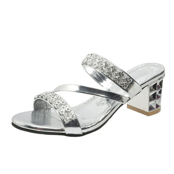 Women's Sparkly Rhinestone Embellished Sandal Square Toe Trendy Elegant Slipper Business Strappy Summer High Heel