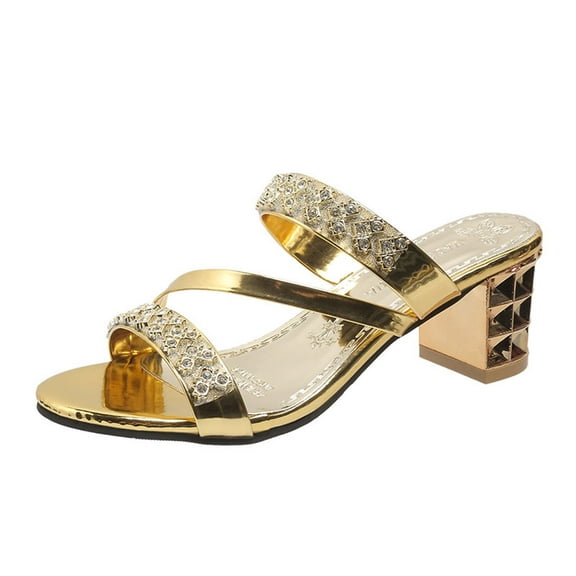 Women's Sparkly Rhinestone Embellished Sandal Square Toe Trendy Elegant Slipper Business Strappy Summer High Heel