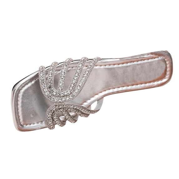 Women's Sparkly Rhinestone Flat Sandals Metallic Slip On Open Toe Slide Sandals Women's Fashionable And Casual Summer New Style Flat Square Head Solid Color Outer Wear Sandals