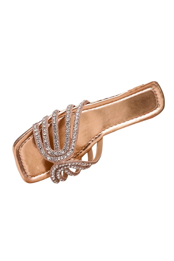 Women's Sparkly Rhinestone Flat Sandals Metallic Slip On Open Toe Slide Sandals Women's Fashionable And Casual Summer New Style Flat Square Head Solid Color Outer Wear Sandals