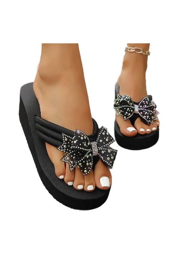 Women's Sparkly Rhinestone Platform Flip Flops Thong Sandals Flower Slip on Wedge Sandals (Black,40)