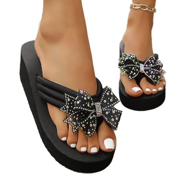 Women's Sparkly Rhinestone Platform Flip Flops Thong Sandals Flower Slip on Wedge Sandals (Black,42)
