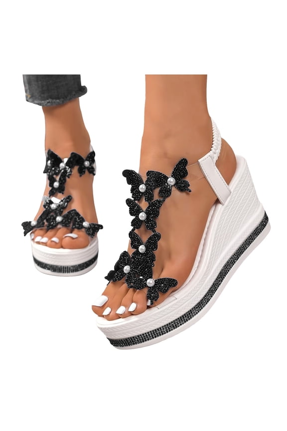 Women's Sparkly Rhinestones Butterfly Dressy Wedges Sandal Summer Open Toe Elastic Sling Back Platform Sandal Black Size 8