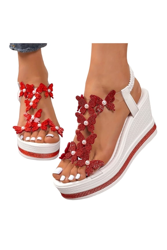 Women's Sparkly Rhinestones Butterfly Dressy Wedges Sandal Summer Open Toe Elastic Sling Back Platform Sandal Red Size 6.5