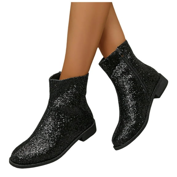 Women's Sparkly Sequin Ankle Booties Metallic Glitter Leather Mid Calf Chelsea Dress Boots with Side Zipper Black Size 6.5