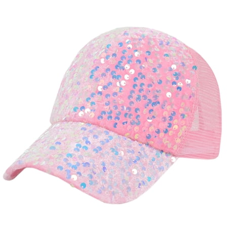 Women's Sparkly Sequin Baseball Cap Messy Low Bun Ponycap Velvet Mesh Trucker Hat- Pink
