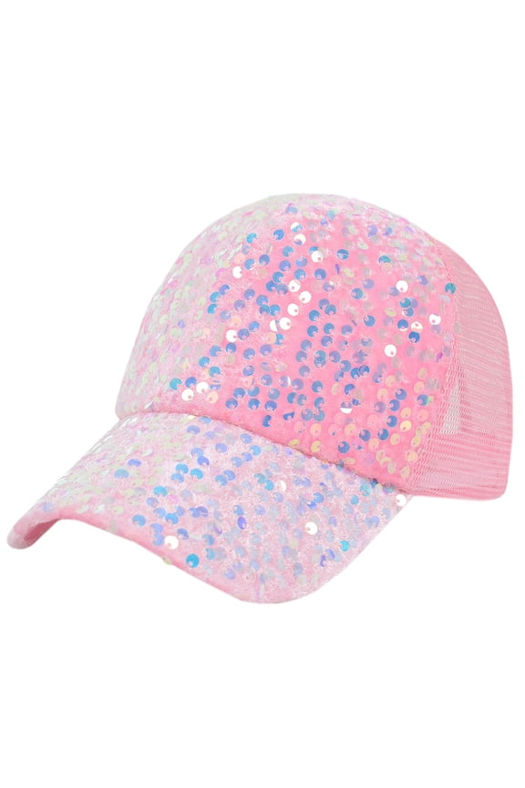 Women's Sparkly Sequin Baseball Cap Messy Low Bun Ponycap Velvet Mesh Trucker Hat- Pink