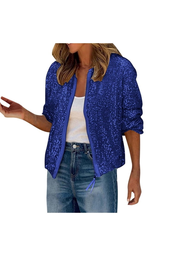 Women's Sparkly Sequin Blazer, Glitter Long Sleeve Zip Up Jacket for Date Night and Cocktail Party, S-2XL