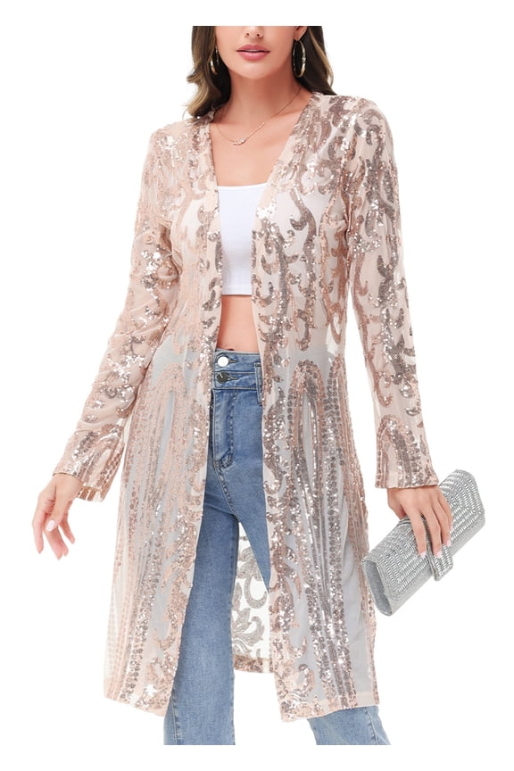 Women's Sparkly Sequin Cardigan Long Sleeve Open Front Glitter Kimono