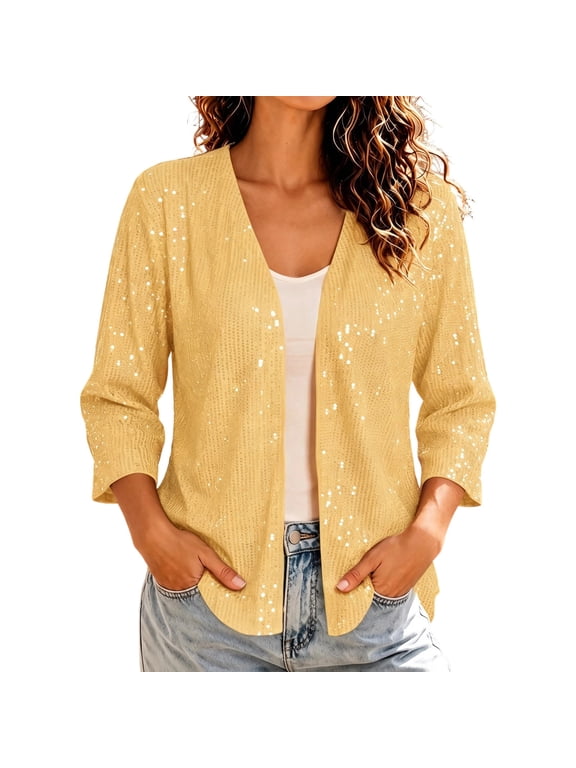 Women's Sparkly Sequin Cardigan Open Front 3/4 Sleeve Knit Glitter Dressy Casual Holiday Party Fall Winter Soft Cozy Night Out Shrug Jacket Yellow